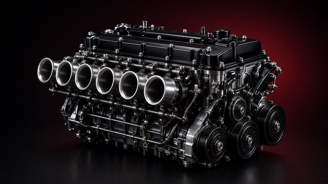 Straight-six engine in three-quarter view