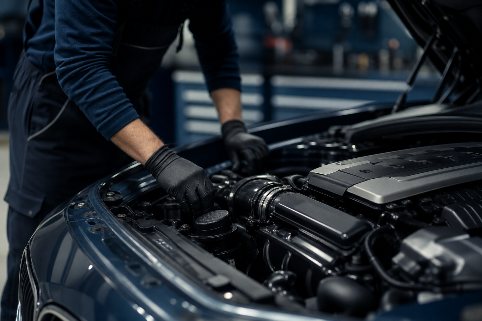 BMW workshop bay with a documented used engine ready for VIN-matched installation