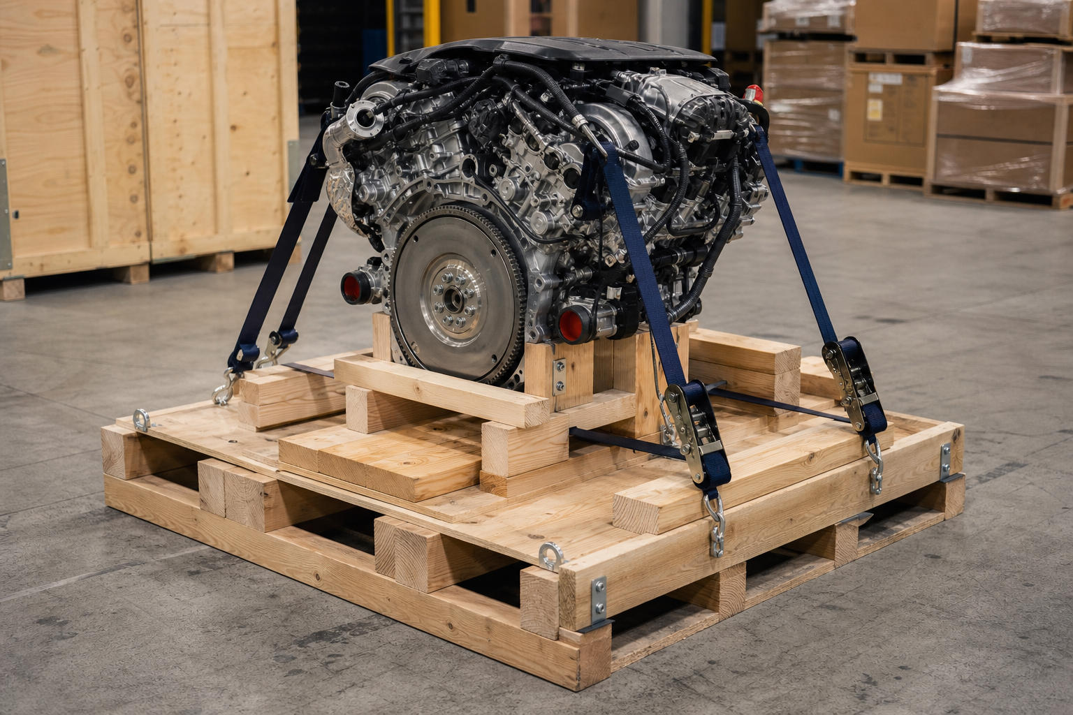 BMW engine crated on pallet for European freight shipping